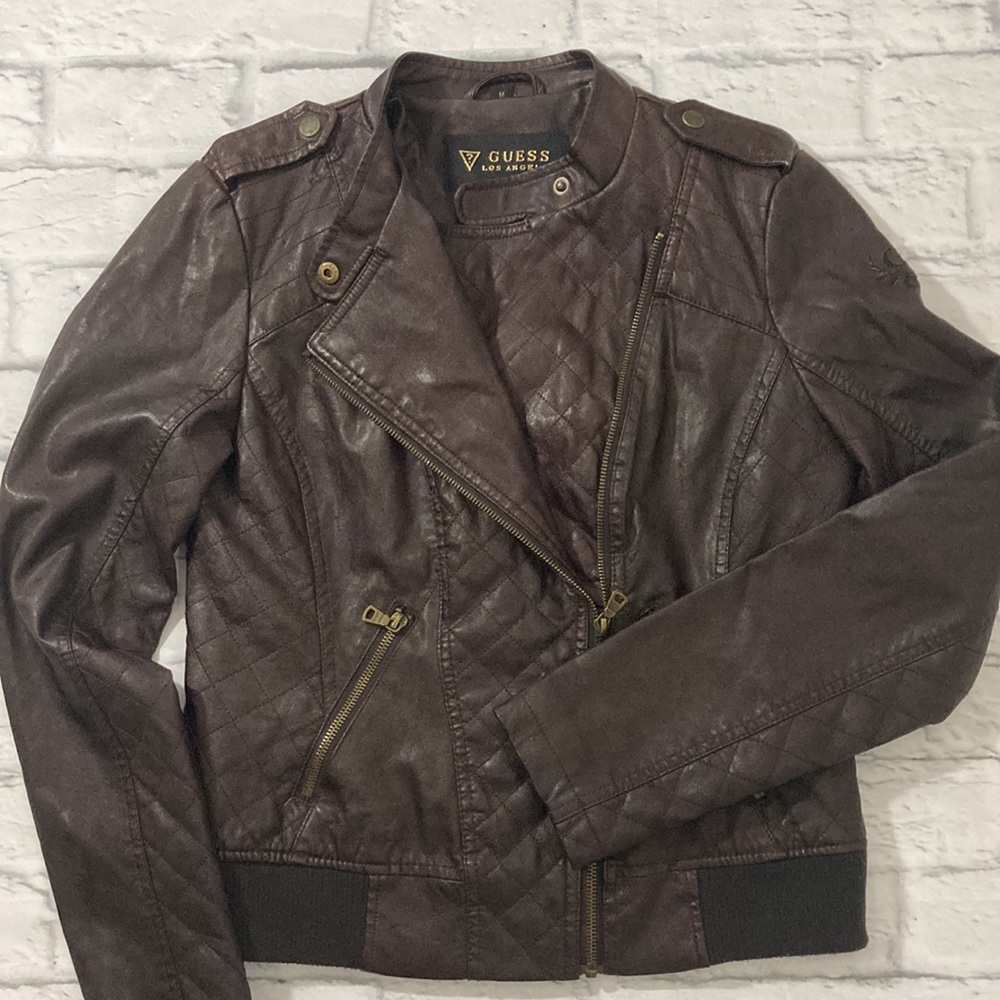 Womens Guess Jacket size Medium Brown Faux Leather Zip Up Jacket - Picture 1 of 9